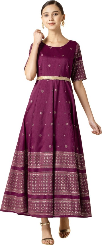 indya Women Maxi Purple, Gold Dress ...